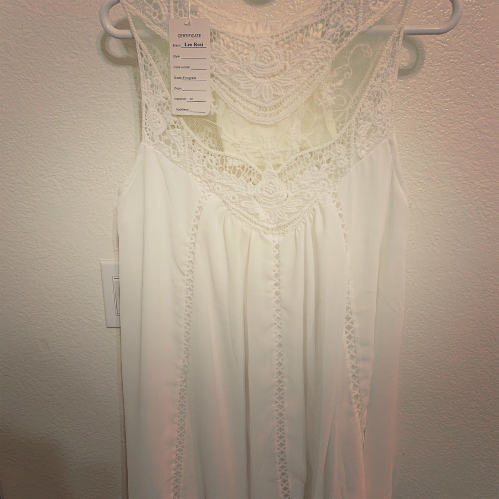 White flowy mini dress with lace top detail